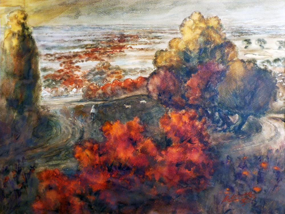 «Осінні оболоні Псла» із серії «На Полтавщині». 1995. Папір, акварель